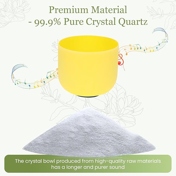 432HZ 8 Inchs E Note Yellow Frosted Crystal Singing Bowl for Meditation Healing Yoga Chakra Quartz Crystal Sound Bowls with Heavy Duty Carry Case and Rubber Mallet,Suede Striker,O-rings