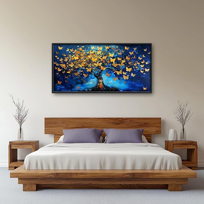 Blue Canvas Wall Art Golden Butterfly Tree Pictures Wall Decor Above Bed Framed Artwork Paintings Home Office Decorations for Living Room Bedroom Dinning Room Kitchen 60"x30"