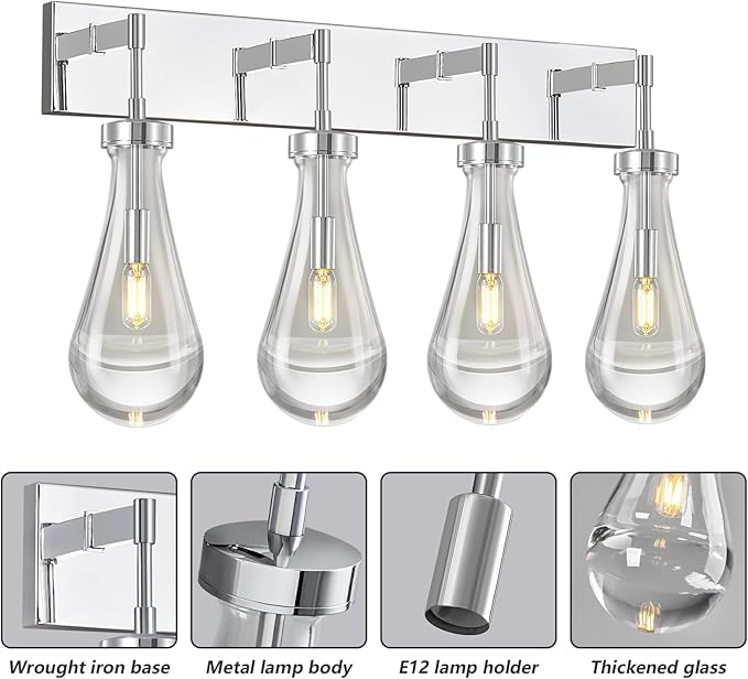 Raindrop Wall Sconces Chrome Crystal Sconces Wall Decor Modern Brass Lighting Glass Bathroom Sconces Indoor Vanity Light Wall Lamp for Bedroom Living Room Stair(4-Light)