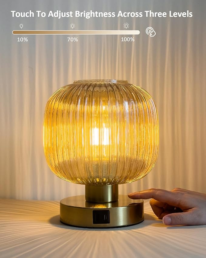 Big Touch Table Lamp,Elegant Gold Glass Bedside Lamp 3 Way Dimmable with USB C+A Charging Ports - Bedroom Nightstand & Living Room Essential, 4W Bulb Included (Gold)