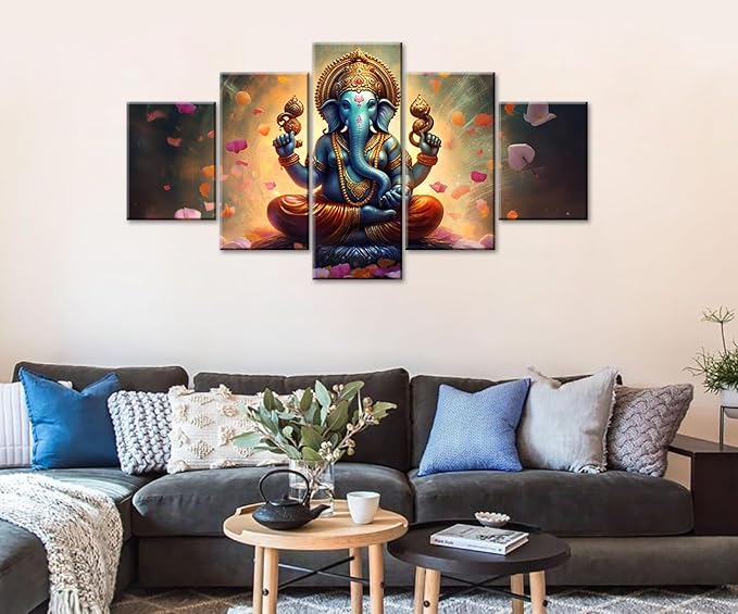 Ganesha Indian Wall Decor Large 5 Pieces Lord Hindu Elephant Photo Picture Canvas Prints Paintings for Living Room Meditation Room Framed Decorations (60" W x 32" H)