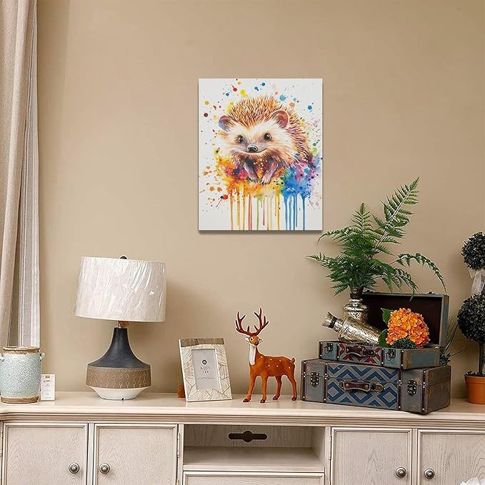 Fleruku Watercolor Hedgehog Wall Art Colorful Hedgehog Wall Decor Cute Animal Pictures Canvas Painting Artwork Home Decorations for Living Room Bedroom Bathroom Office Nursery Classroom 16"x20"