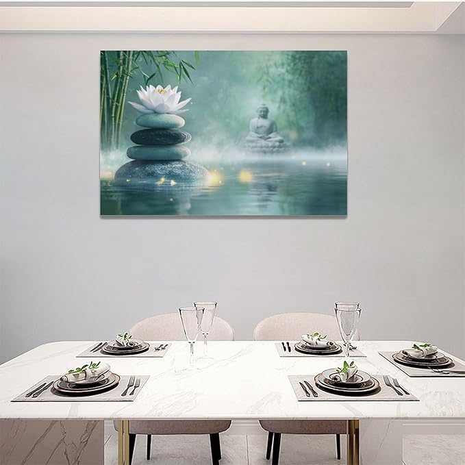 Olivine Zen Decor Wall Art, Lotus Pictures Wall Decor, Stones Flower Bloom Canvas Prints Painting, Framed Artwork for Meditation Bathroom Bedroom Living Room Office Home Decoration 24"x16"