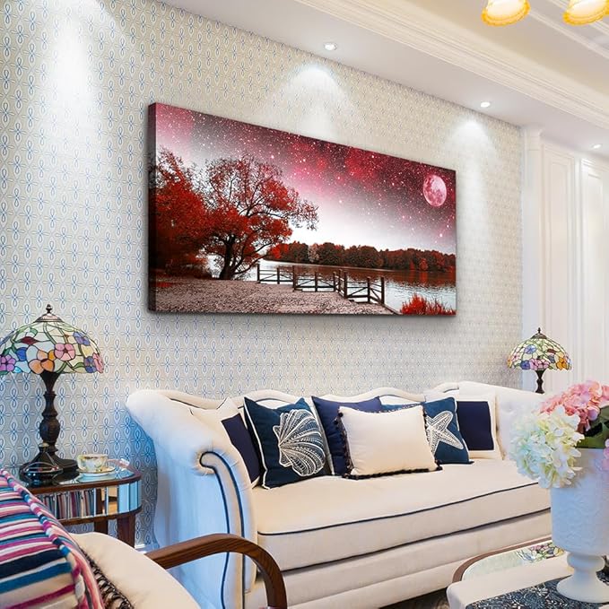 Print Artwork Wall Art Decor Poster for living room Red tree moon starry sky red landscape painting bathroom Wall Art for bedroom Canvas Prints Picture Works Ready to Hang Office Home decorations
