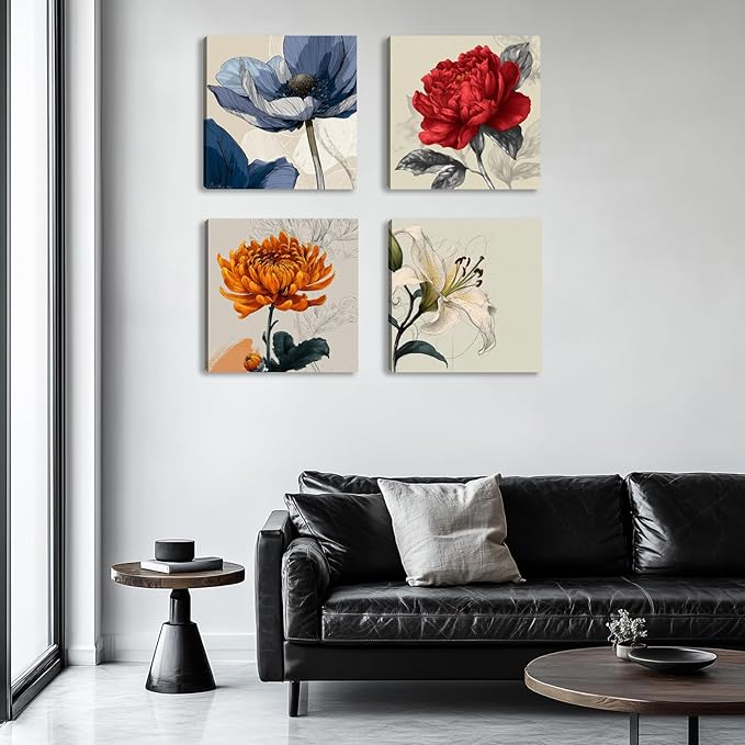 Framed Botanical Wall Art for Living Room Rustic Boho Floral Canvas Paintings Prints Flower Pictures for Farmhouse Hallway Bedroom Dining Room Bathroom Office Wall Decor ArtWork for Wall