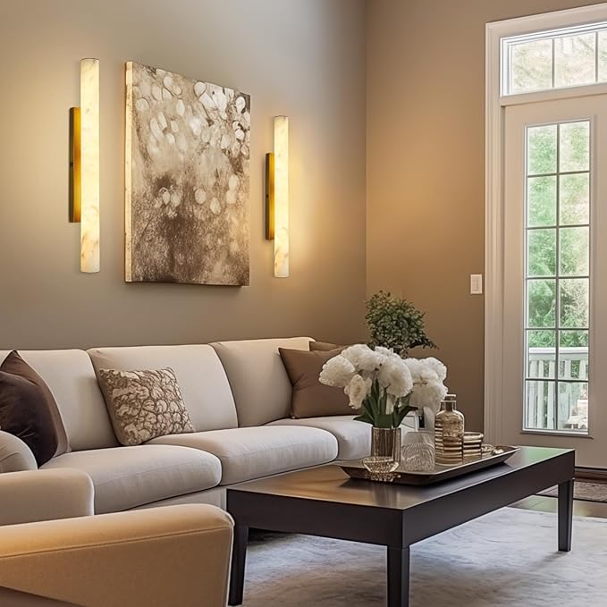 Brass Alabaster Wall Sconces, Spanish Natural Marble Wall Sconce, 36" Long Stone Wall Sconce Dimmable, Gold Alabaster Sconces Wall Lighting Indoor, Marble Wall Light for Bathroom, Living Room,Entryway