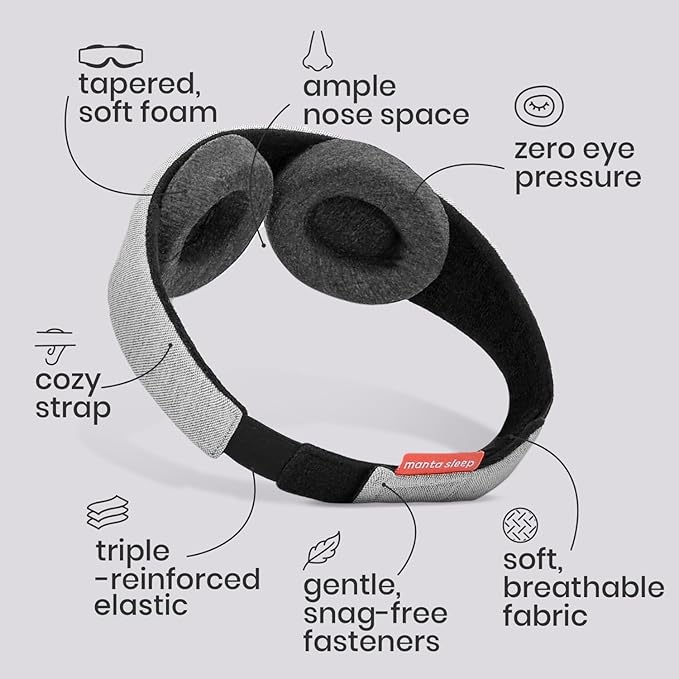 Manta Sleep Mask - 100% Light Blocking, Adjustable Sleeping Mask with Detachable Eye Cups, Ultra Comfortable for Women & Men, Zero Pressure on Lashes, Perfect for Travel/Shift Work