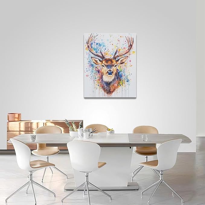 Fleruku Watercolor Deer Wall Art Colorful Elk Wall Decor Antlers Pictures Animal Canvas Painting Artwork Home Decorations for Living Room Bedroom Bathroom Office Nursery Classroom 16"x20"