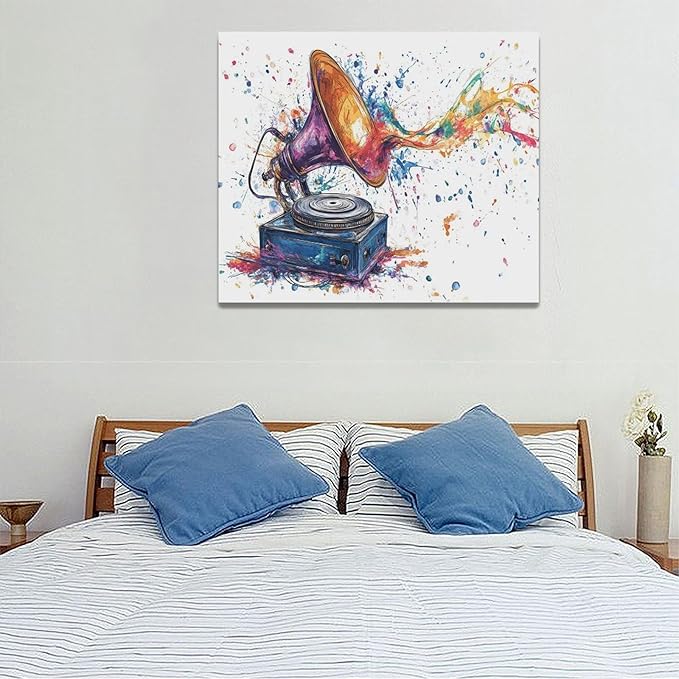 Fleruku Watercolor Phonograph Wall Art Colorful Phonograph Wall Decor Pictures Canvas Painting Artwork Home Decorations for Living Room Bedroom Bathroom Office Nursery Classroom 24"x20"