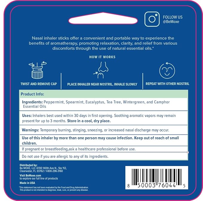 MOXE Migraine Relief Nasal Inhaler, Essential Oils for Headaches & Tension Relief, Portable Aromatherapy, Easy-to-Use, Pure & Undiluted, Peppermint, Spearmint, Eucalyptus, Tea Tree, USA Made, 1 Pack