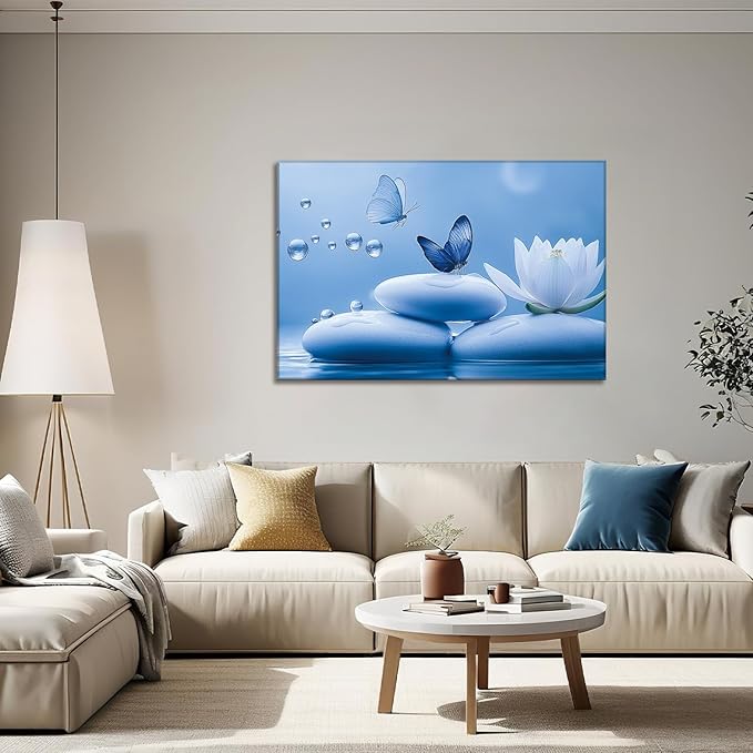Zen Canvas Wall Art Bathroom Decor Bloom White Flower Prints Butterfly on Stone Picture Meditation Artwork for Living Room Office Yoga Spa Spiritual Room Decor Framed(Art-5,16.00x24.00 inch)