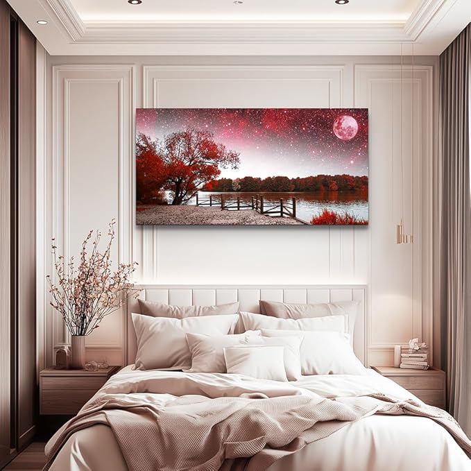 Print Artwork Wall Art Decor Poster for living room Red tree moon starry sky red landscape painting bathroom Wall Art for bedroom Canvas Prints Picture Works Ready to Hang Office Home decorations