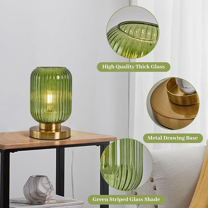 Glass Table Lamps Mid Century Modern Globe, Dimmable Green Table Lamp for Nightstand, Small Gold Table Lamp, Green Pumpkin Design Ribbed Glass Vintage Bedside Lamp for Bedroom Living Room Office