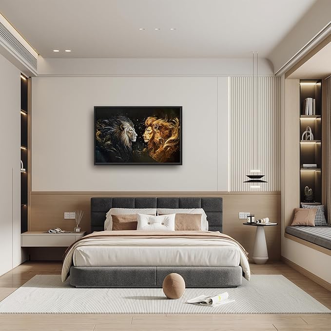 SweetFox Extra Large Lion King Framed Wall Art for Living Room, Lion and Golden Lioness Pictures Oversized Wall Decor Abstract Canvas Painting Print Artworks for Bathroom Master Bedroom 36L X 24W