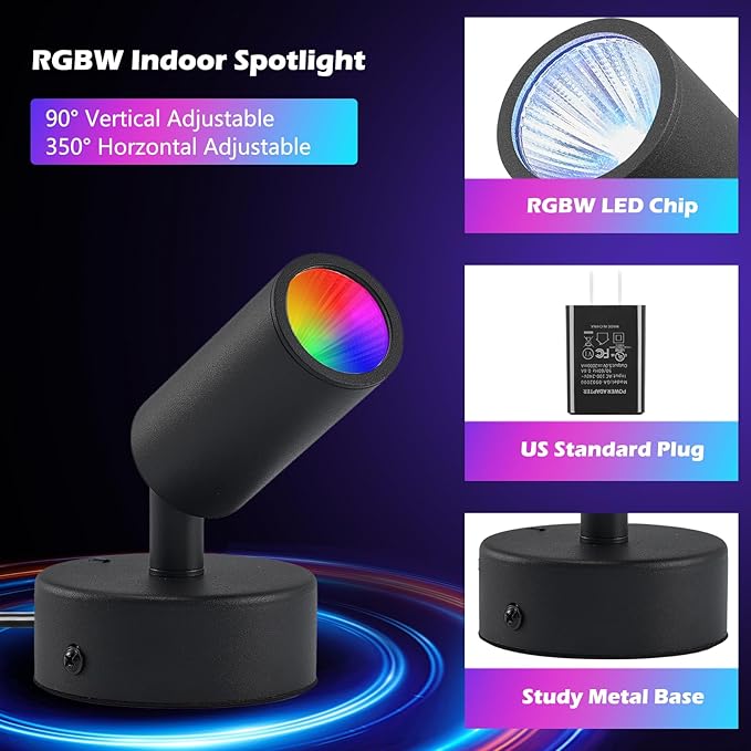 2 Pack LED Spot Lights Indoor Spot Lights Indoor Accent Lighting, RGBW Color Changing Up Lights Indoor Remote Control Plant Spotlight Decorative Lights (Black)
