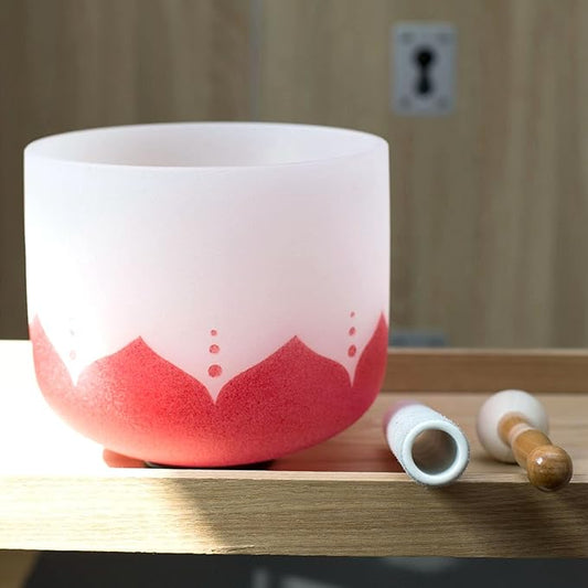Leize Quartz Crystal Singing Bowl C Note 432 hz Root Chakra Red Lotus Design 12" Wide with Suede Striker