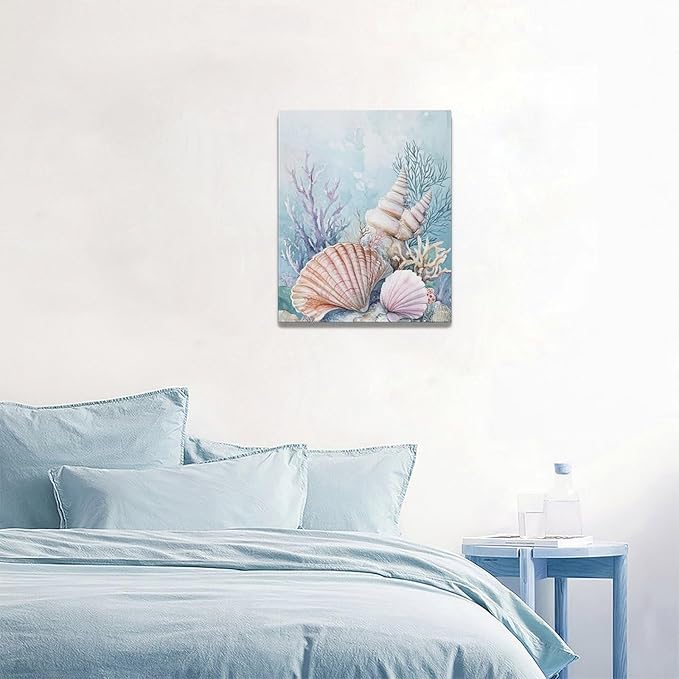 Fleruku Beach Coral Shells Wall Art Nautical Sea Wall Decor Ocean Pictures Canvas Painting Artwork Home Decorations for Living Room Bedroom Bathroom Office Nursery 16"x20"