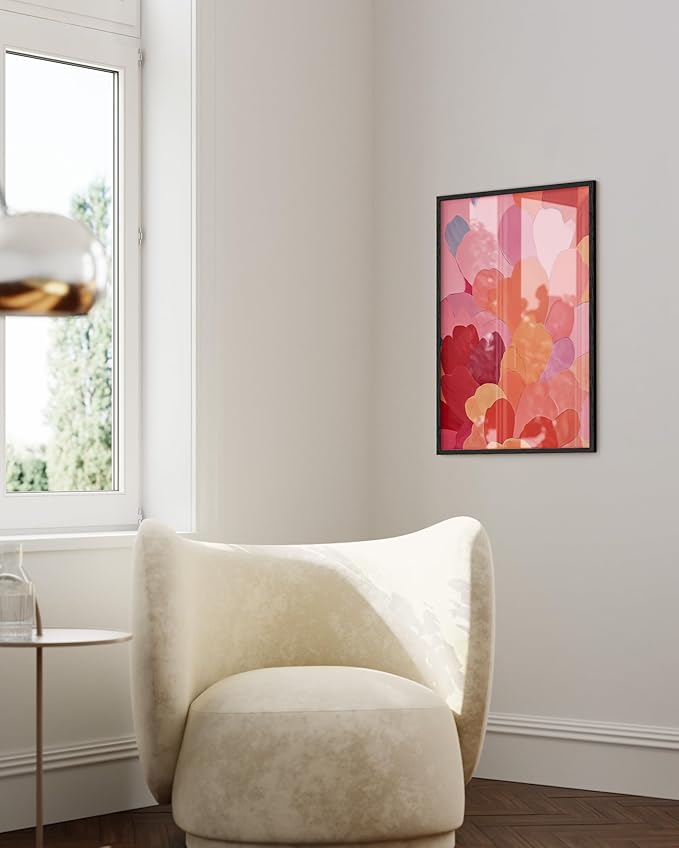 HAUS AND HUES Colorful Abstract Wall Art - Minimalist Retro Picture for Living Room Decor, Red and Pink Modern Wall Art Painting (Petals 1, Black Frame, 24x36)