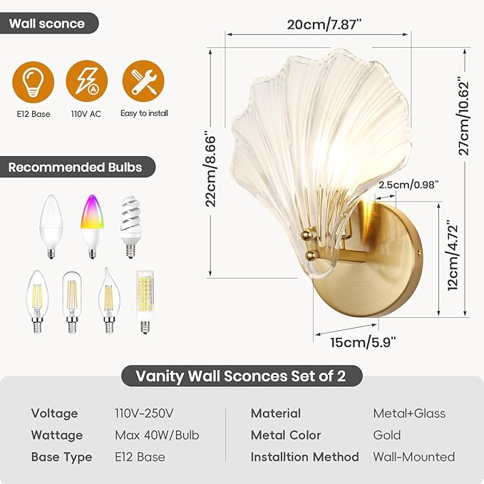 Gold Wall Sconces for Bathroom, Vanity Light Fixtures, Modern Sconces Wall Lights with Clear Shell Shaped Glass Shades, Bathroom Light Fixtures for Living Room, Bedroom, Hallway, mirror, Kitchen, E12