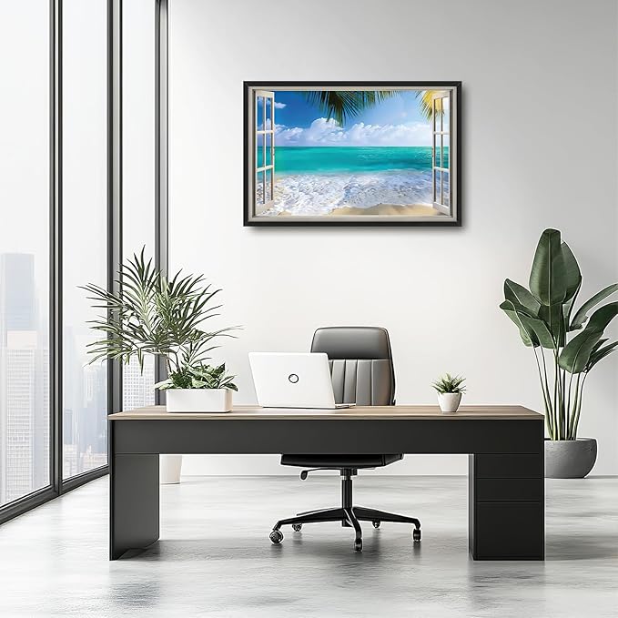 Beach Wall Art Ocean Palm Pictures Wall Decor Window Coastal Large Canvas Prints Paintings Home Office Decorations Framed Artwork for Living Room 36"x24"