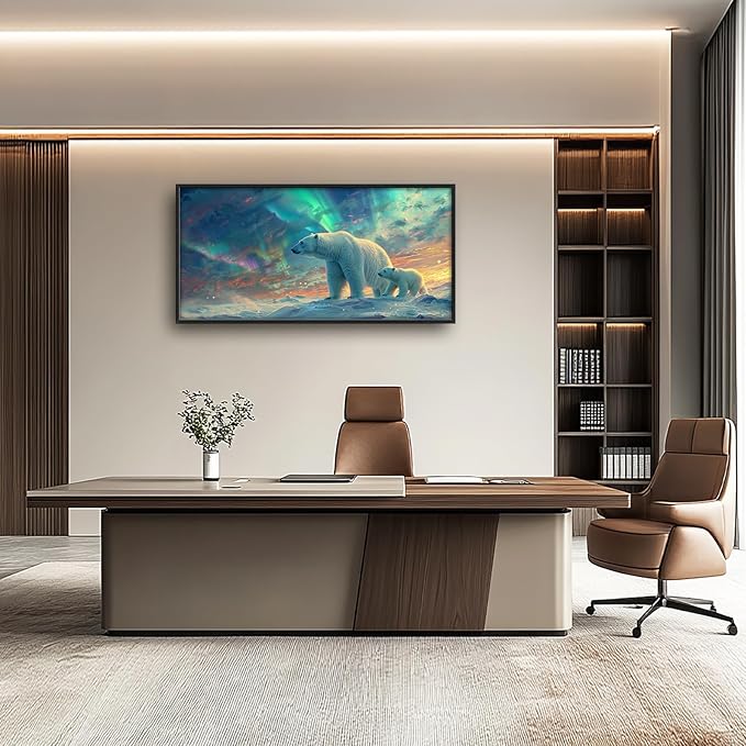 Large Polar Bear Framed Wall Art for Living Room White Polar Bear Pictures Wall Decor Aurora Canvas Print Painting Artwork Modern Home Decorations for Bedroom Office 60x30 inch