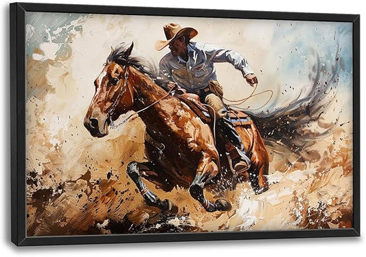 Large Western Cowboy Framed Wall Art for Living Room Vintage Cowboy Pictures Wall Decor West Canvas Painting Artwork Country Home Decorations for Bedroom Office 36x24 inch