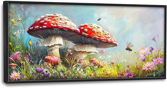 Mushroom Wall Art Mushroom Pictures Wall Decor Cottagecore Plant Botanical Large Master Over Above Bed Canvas Prints Horizontal Modern Artwork Painting Home Office Decorations For Bedroom 30"x60"