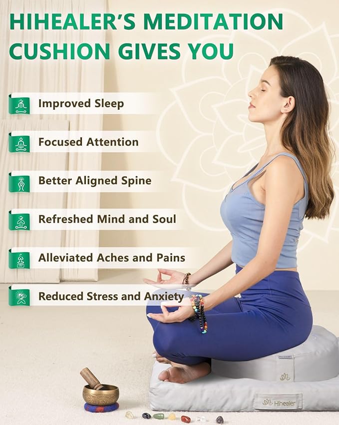 Hihealer Meditation Cushion Set Large Cotton Floor Pillow & Traditional Tibetan Yoga Bolster for Adults Zafu Meditation Mat with Buckwheat Filling (Pure White)