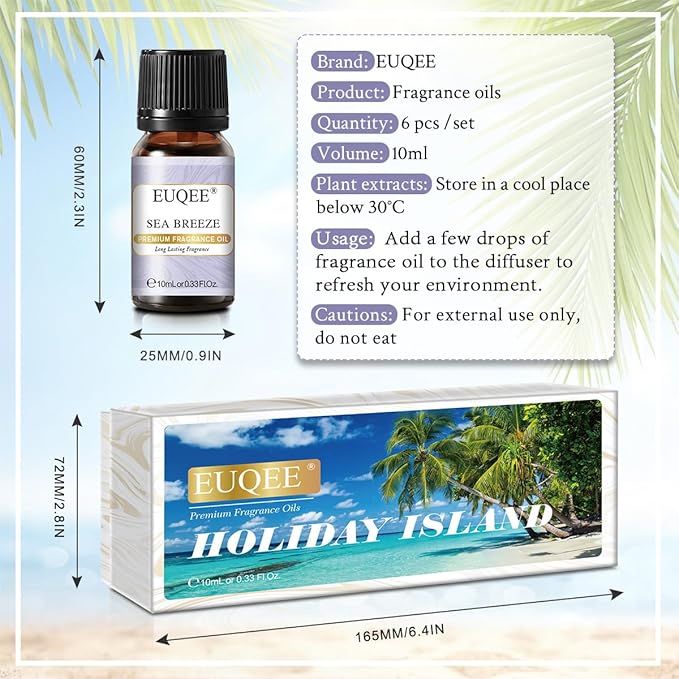 Summer Fragrance Oil Gift Set of 6，Holiday Island Essential Oils Set for Humidifier, Aromarathepy-Pineapple, Coconut, Sea Breeze, Bubble Gum, Bay Rum, Marshmallow(10ml)
