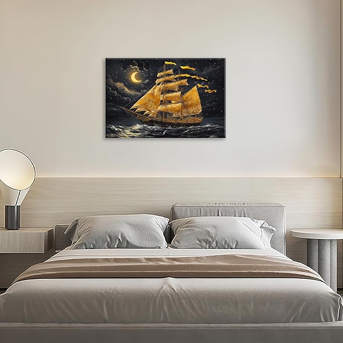 Olivine Sailboat Wall Art, Nautical Pictures Wall Decor, Ocean Seascape Painting, Coastal Night Canvas Prints, Framed Artwork for Bathroom Bedroom Living Room Office Home Decoration 24"x16"