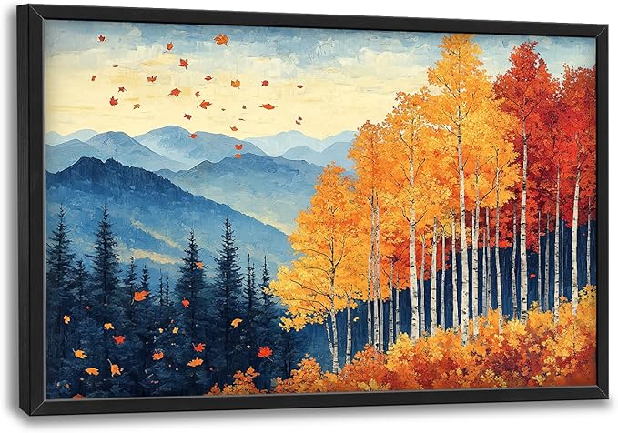 Fall Maple Leaf Large Wall Art Autumn Leaves Pictures Wall Decor Mountain Canvas Landscape Painting Modern Artwork Home Decoration for Living Room Bathroom Bedroom Office Framed 36"x24"