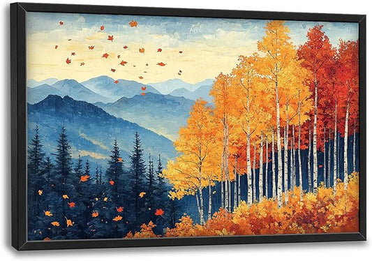 Fall Maple Leaf Large Wall Art Autumn Leaves Pictures Wall Decor Mountain Canvas Landscape Painting Modern Artwork Home Decoration for Living Room Bathroom Bedroom Office Framed 36"x24"