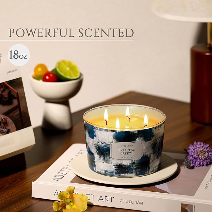 HomeLights Large jar Candle | 4-Wick Long-Lasting Scented Candles, 18oz Natural Soy Wax Candle for Home Scented, Scandinavian Minimalist Design Gifts for Women & Men, Coastal Breeze
