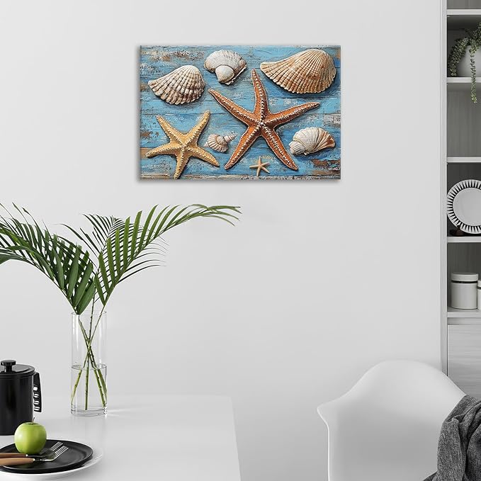 Olivine Seashell Wall Art, Coastal Starfish Pictures Wall Decor, Beach Theme Painting, Blue Seashell Canvas Prints, Framed Artwork for Bathroom Bedroom Living Room Office Home Decoration 24''x16''