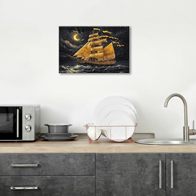 Olivine Sailboat Wall Art, Nautical Pictures Wall Decor, Ocean Seascape Painting, Coastal Night Canvas Prints, Framed Artwork for Bathroom Bedroom Living Room Office Home Decoration 24"x16"