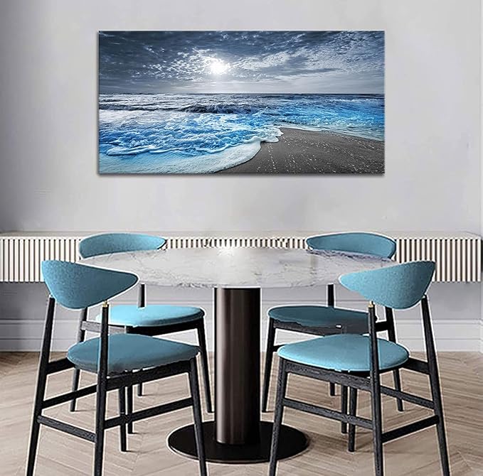 Bamdeya Canvas Wall Art for Bedroom Beach pictures for Living Room Wall Decor Blue Poster Ocean Decor Large Size Seascape Paintings Prints Office Artwork Framed Kitchen Decorations 24x48