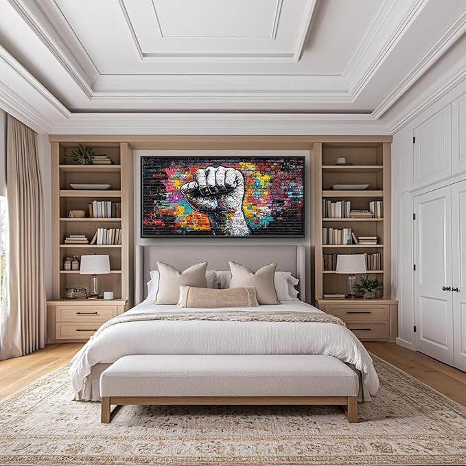 SweetFox Extra Large Graffiti Fist Framed Wall Art for Living Room, Raised Fist Street Art Pictures Oversized Wall Decor Abstract Canvas Painting Print Artwork for Bathroom Master Bedroom 60L X 30W