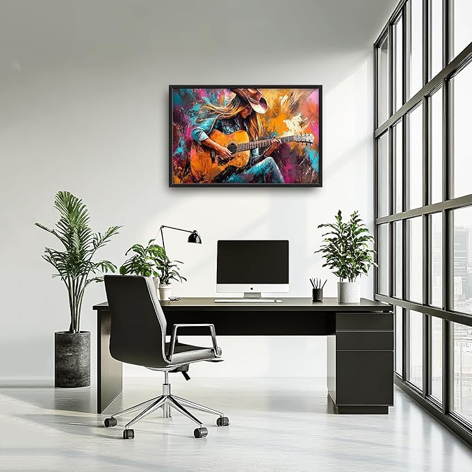 SweetFox Extra Large Cowgirl and Guitar Framed Wall Art for Living Room, Western Girl Music Pictures Oversized Wall Decor Abstract Big Canvas Painting Print Artworks for Bathroom Bedroom 36L X 24W