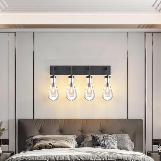 Raindrop Wall Sconces Black Crystal Sconces Wall Decor Modern Brass Lighting Glass Bathroom Sconces Indoor Vanity Light Wall Lamp for Bedroom Living Room Stair(4-Light)