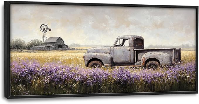 Rustic Truck Wall Art Farmhouse Lavender Barn Pictures Wall Decor Country Large Master Over Above Bed Canvas Prints Horizontal Modern Artwork Painting Home Office Decorations For Bedroom 30"x60"