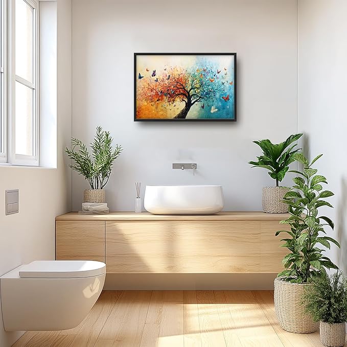 SweetFox Extra Large Tree of Life Framed Wall Art for Living Room, Colorful Tree Butterfly Pictures Oversized Wall Decor Abstract Canvas Painting Print Artwork for Bathroom Master Bedroom 36L X 24W