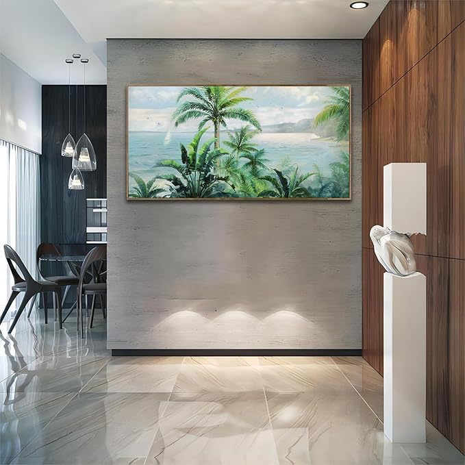 Anolyfi Palm Tree Picture Green Tropical Wall Art for Living Room Landscape Large Canvas Painting Nature Seascape Textured Artwork for Bedroom Kitchen Hallway Office Home Decor, Wood Framed 48"x24"