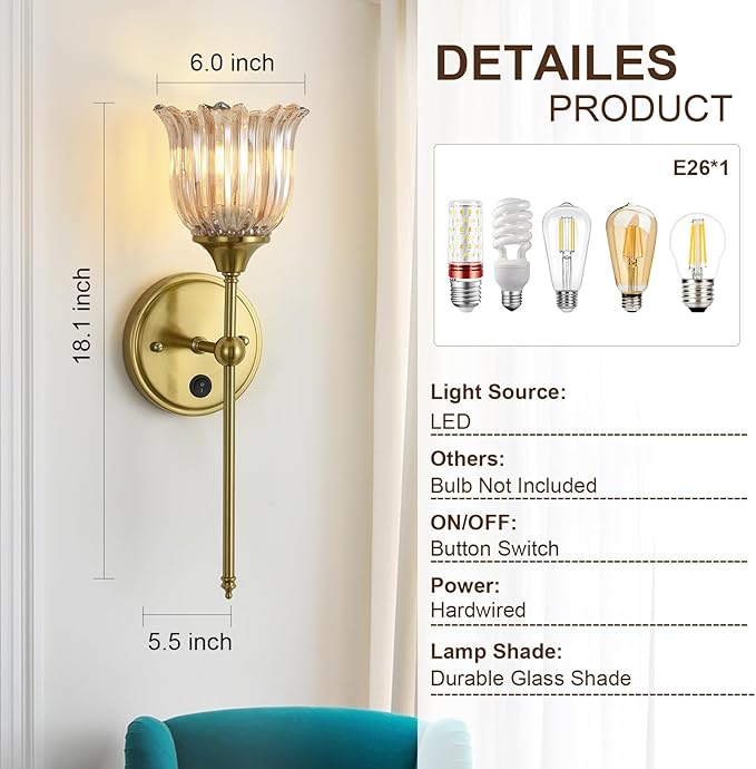 Modern Wall Sconces Set of 2 with Amber Flower Glass Shade, Mid Century Bathroom Vanity Wall Light Fixtures Gold Vintage Wall Lights with Switch for Mirror Bedroom Living Room