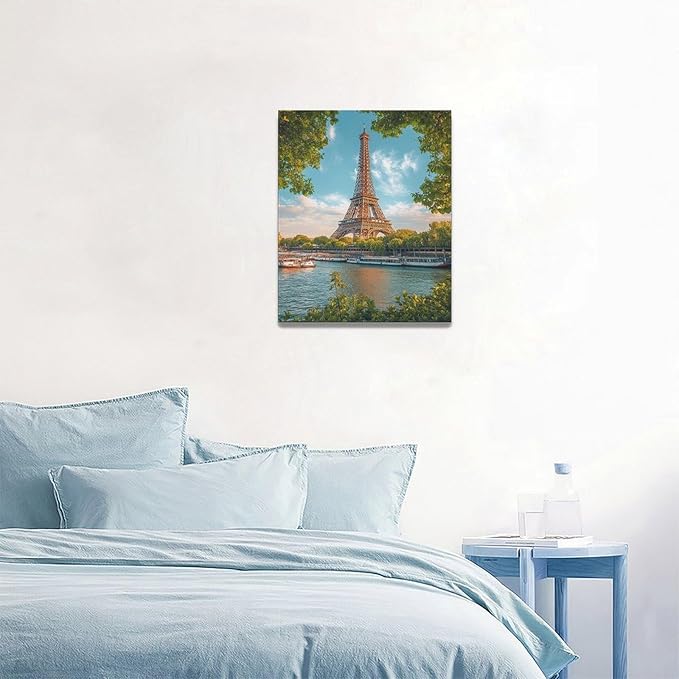 Eiffel Tower Wall Art Paris Eiffel Tower Wall Decor Cityscape Pictures Canvas Painting Framed Artwork Home Decorations for Bathroom Living Room Bedroom Office Kitchen 16"x20"