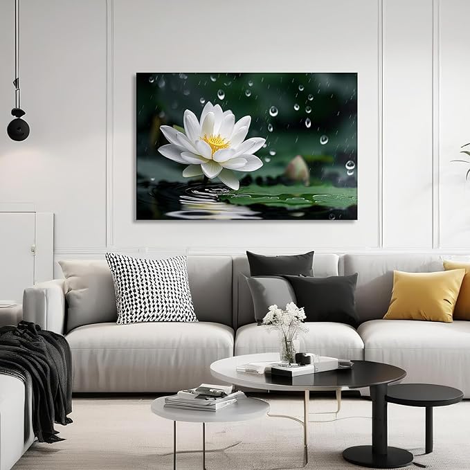 Large White Lotus Canvas Wall Art - Zen Wall Decor Flower on Water Picture Relax Meditation Zen Art for Living Room Bedroom Bathroom Home Decor Framed(28.00x42.00 inch)