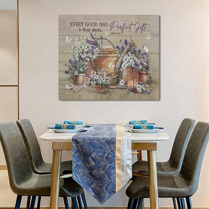 Country Bathroom Flower Wall Art Farmhouse Lavender Wall Decor Rustic Scripture Sign Canvas Painting Artwork Home Decorations for Man Teenager Office Bedroom Living Room Bathroom 24"x20"