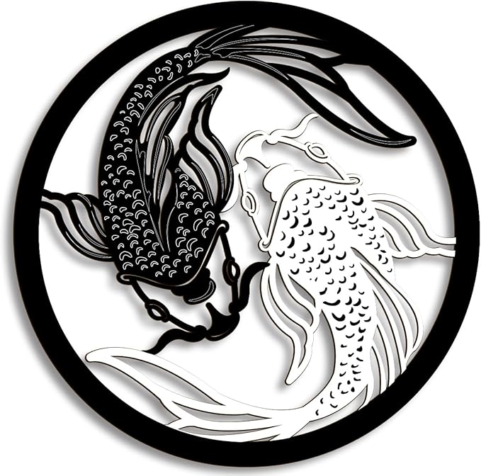 Creoate Home Decor Wall Art Wooden Koi Fish, Black and White Yin Yang Themed Zen Wall Mount Plaque Decor for Yoga Room Bathroom Living Room Farmhouse, 12x12 inches