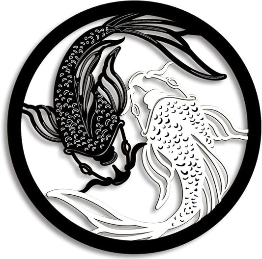 Creoate Home Decor Wall Art Wooden Koi Fish, Black and White Yin Yang Themed Zen Wall Mount Plaque Decor for Yoga Room Bathroom Living Room Farmhouse, 12x12 inches