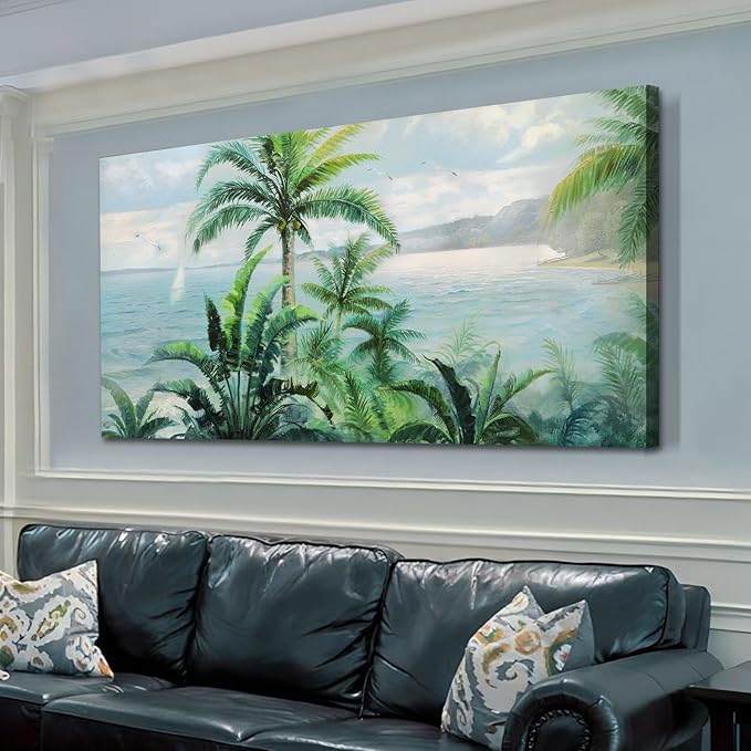 Anolyfi Palm Tree Picture Green Tropical Wall Art for Living Room Landscape Large Canvas Painting Nature Seascape Textured Artwork Framed Bedroom Kitchen Hallway Office Home Decor 58"x29"