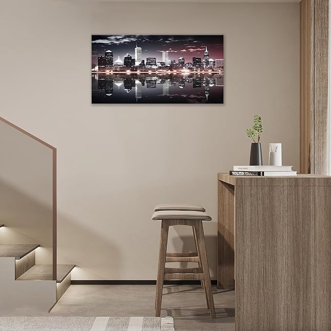 Chicago Skyline Wall Art City Night View Pictures Living Room Wall Decor Black Cityscape Large Canvas Prints Painting Modern Framed Artwork Above Bed for Diving Room Office 60"x30"
